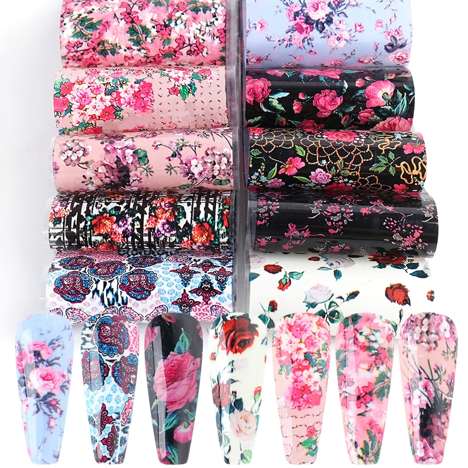 10pcs Vintage Flower Nail Art Foil Transfer Stickers, Floral Nail Stickers, Foil Transfer Decals, Caviar Flower Nail Design, Suitable For Acrylic Nails, Floral Nail Art Techniques, Nail Decorations