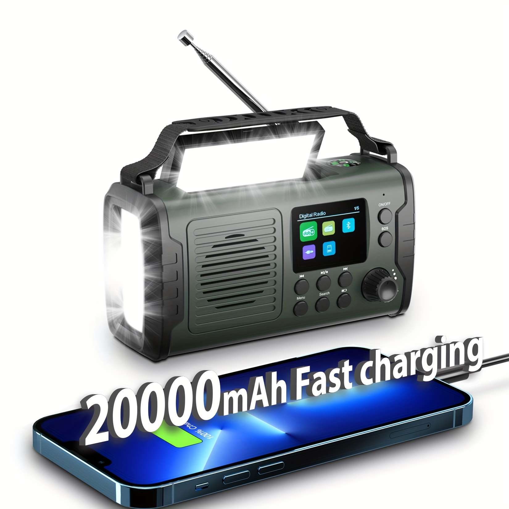 E-shop Tragbares Handheld-Radio mit Wecker und Drahtlosradio, 20000mAh Akku mit drei Lade- und Lichtmodi, inklusive Kompass und SOS für Notfälle,