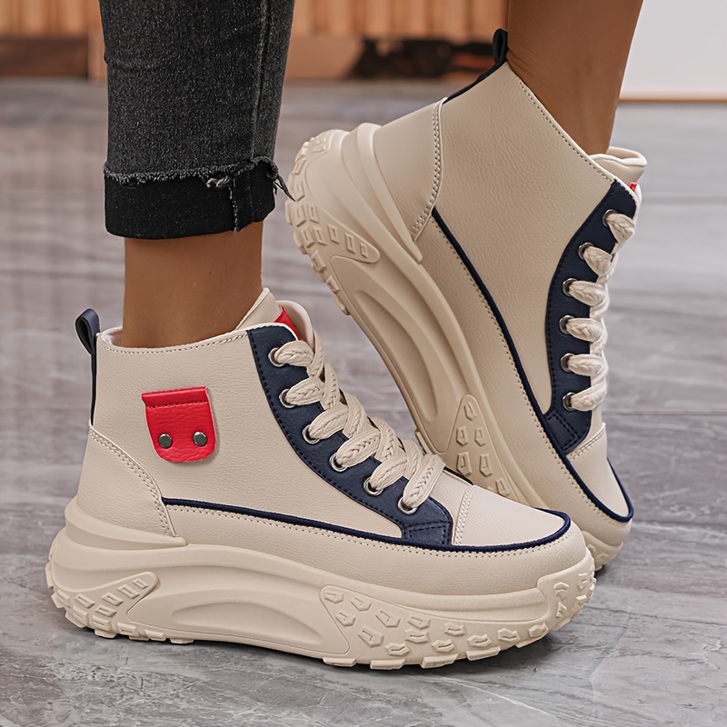 Women's Black PU Cover Platform Sneakers Stylish Thick-Sole Casual Shoes  with Lace-Up Closure, Round Toe, and Side Zipper Detail for Everyday