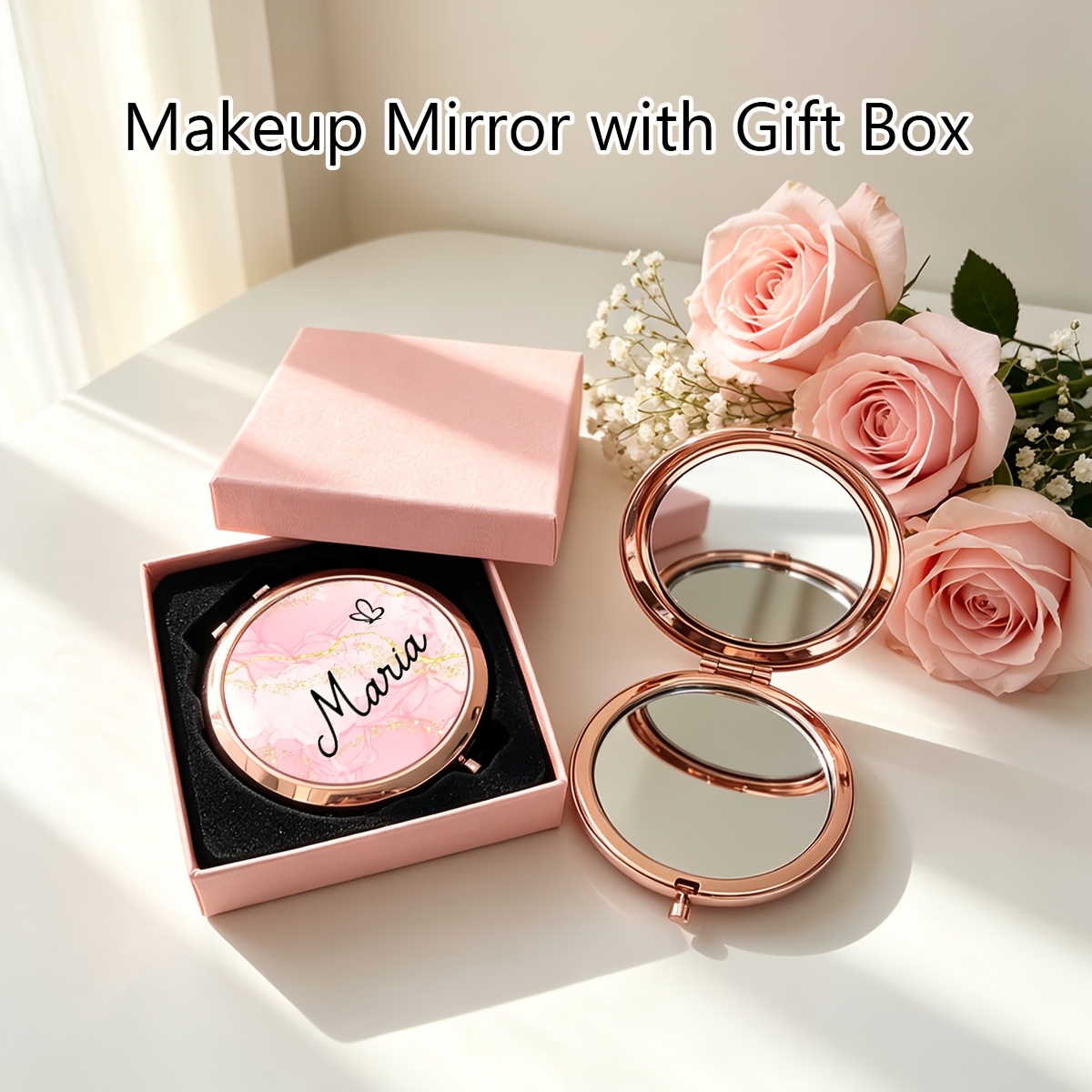 TEMU 1 pieza Espejo de maquillaje compacto de metal personalizado con , con de regalo, para regalar, espejo de bolsillo portátil con de mármol de