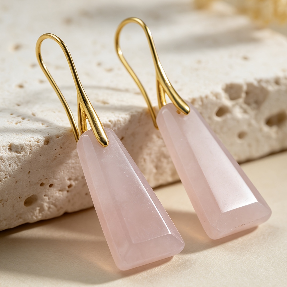 TEMU Une paire de boucles d'oreilles pendantes trapézoïdales en quartz rose : parfaites et en été, et un cadeau unique pour la Saint-Valentin, des
