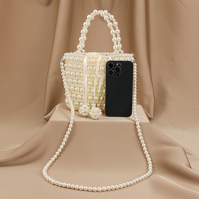 Image of New Handmade Woven Women's Trendy Small Bag, Versatile Vintage Style, , Pearl With Lining, Used As A Crossbody Or Handbag