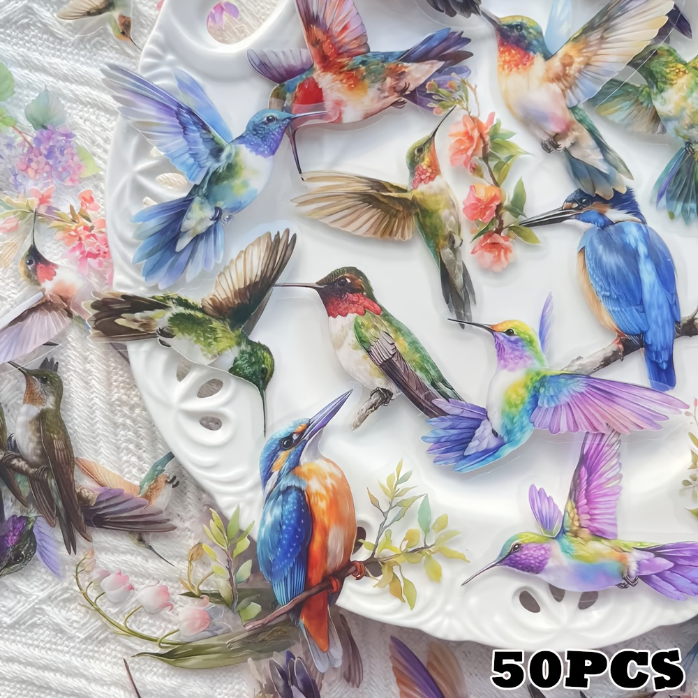50 Floral Hummingbird Stickers For Luggage, Laptops, Scrapbooks, Journals, Diy Decoration, Skateboards, Guitars, Helmets - Pet Adhesive Decals