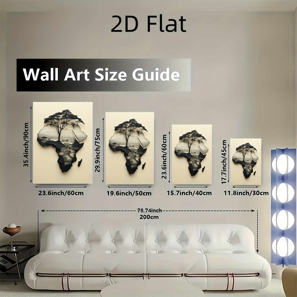 2D Flat, 2D Flat, 2D Flat A Modern Vintage Design Featuring a Black And White Map of Africa with a Tree, Printed on a Frameless Canvas. This High-Quality Poster Is Perfect for Elegant Home Office Decor And Is Currently on