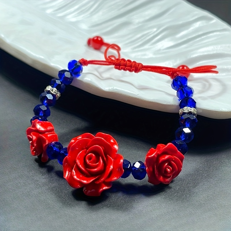 Adjustable Beaded Bracelet with Red Rose Charm & Red Beads