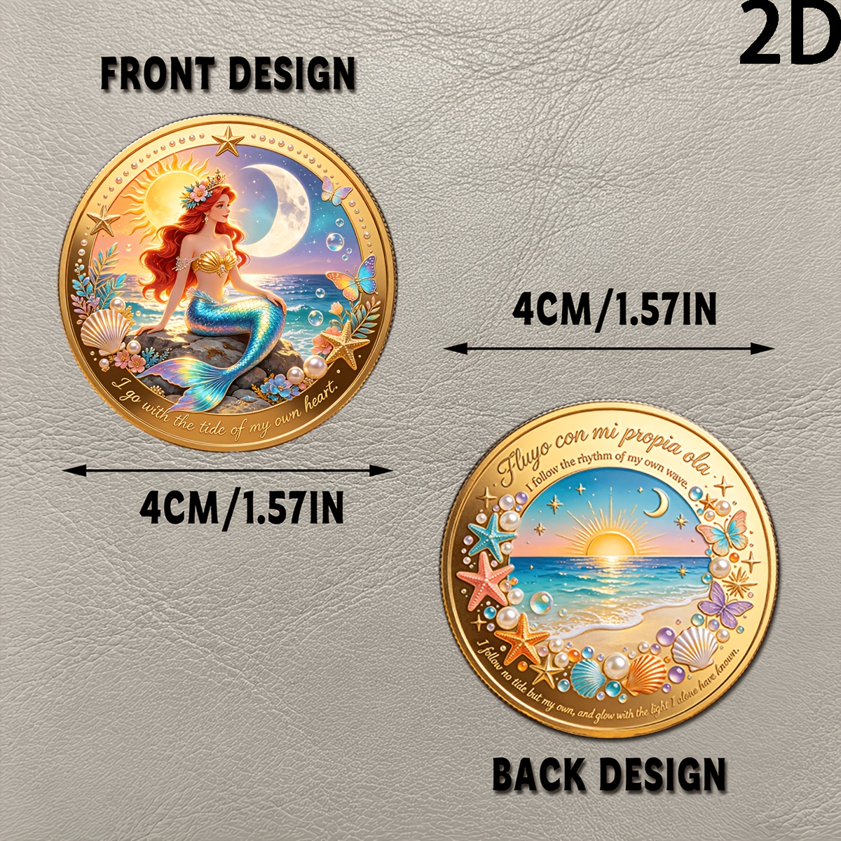 TEMU Pièce commémorative 2D sur le thème de la sirène et de l'océan, de sirène + slogan 'Suivez votre cœur, la ' pour les / Cadeaux de festival
