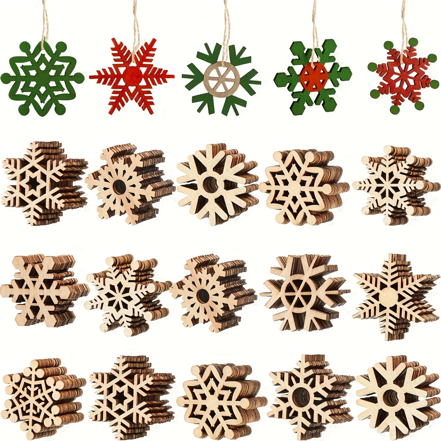 

50pcs Christmas Wooden Snowflake Ornaments, Snowflake Hanging Cutouts Blank Wood Slices With Cord Craft Embellishments For Tree Decorations