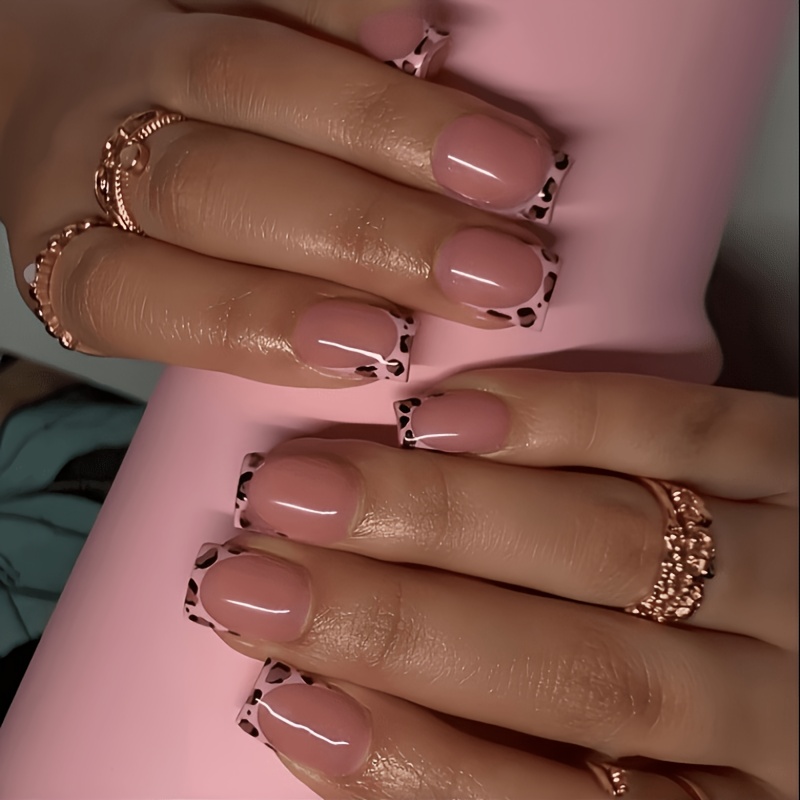 TEMU 30 pezzi, 3 Misure (XS, S, M) Unghie Finte French con Stampa Leopardata Nude Rosa, Stile e Cool, Illuminante per , Nail Art Rimovibile, Nail Art