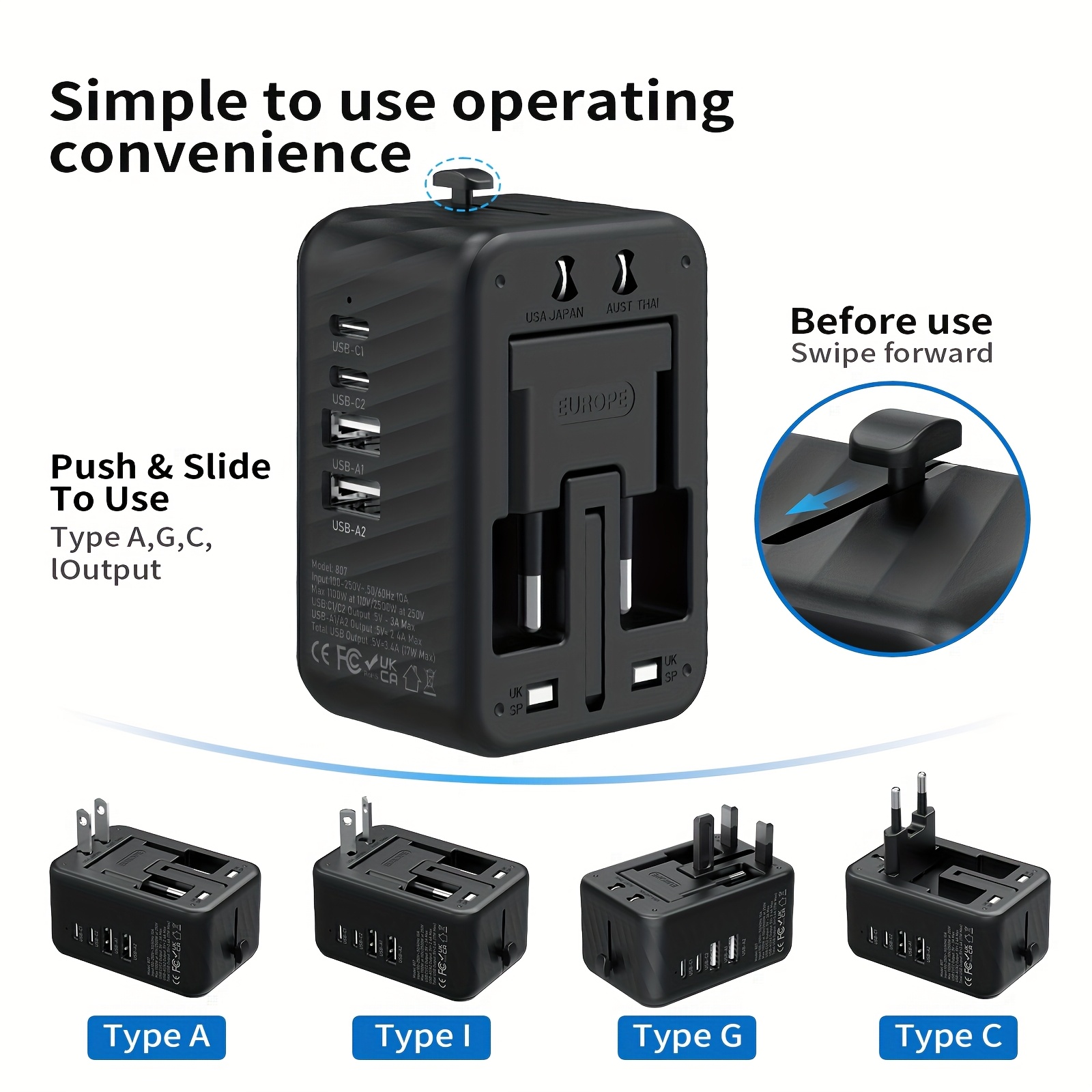 Global Travel Adapter with Dual USB-C & 2 USB-A Ports, Worldwide Voltage 110V-240V, EU/US/UK/AU Plug Converter, Compact Power Adapter for Smartphones, Laptops, Tablets, Hair Dryers in Europe, Asia, North America Are Perfect Holiday Gifts.