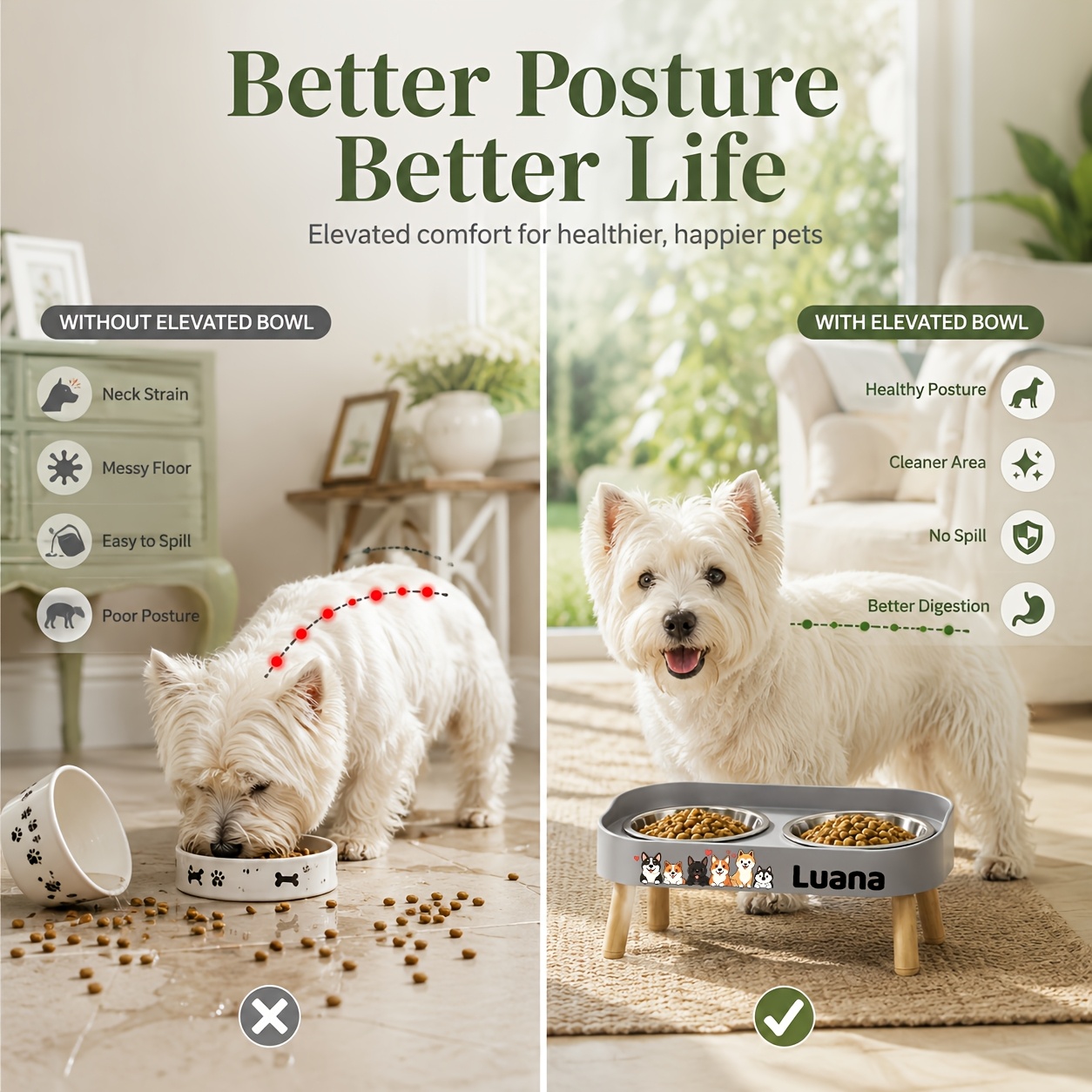 Raised Double Bowl Feeder with Custom Pet Name