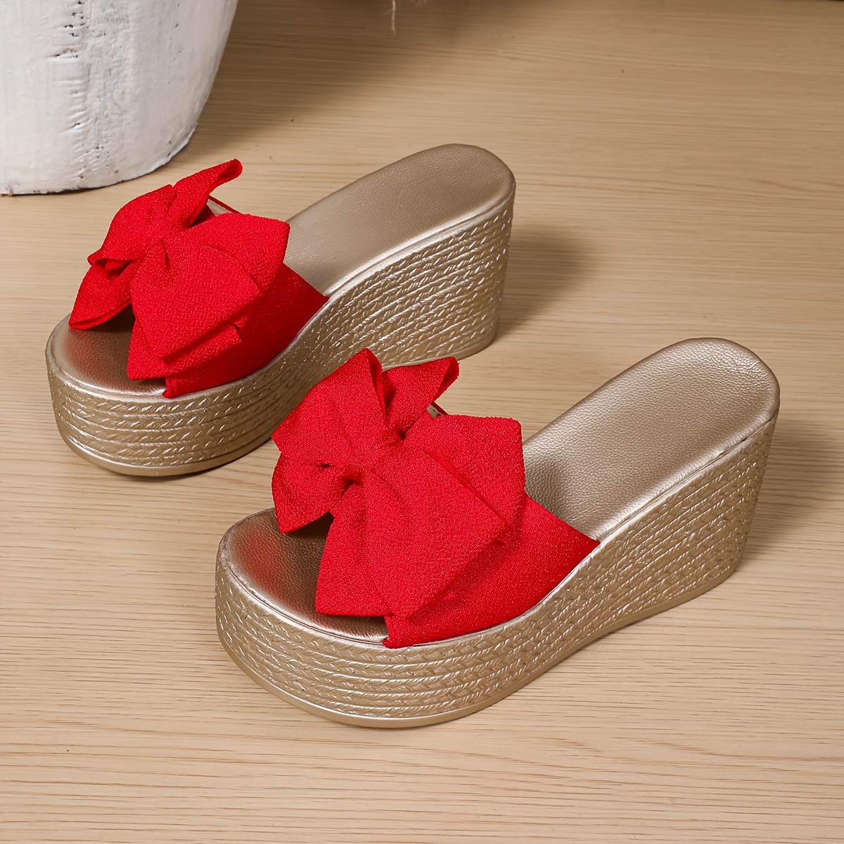 Women's Summer Bow Accent Slip-On Wedge Sandals - White & Burgundy Thick Cushioned Sole, Breathable Fabric Upper & Synthetic Cover Lining for Casual Outdoor Comfort, Casual Sandals | Bow Embellished Sandals | Rubber Sole Sandals