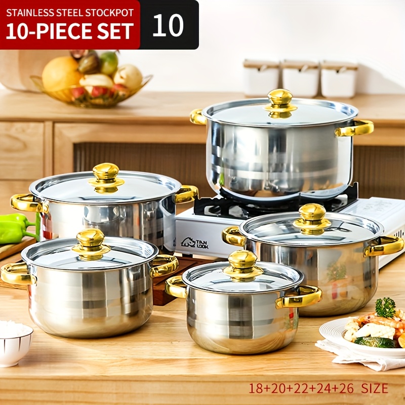 10pcs stainless steel soup pot set gold plated double handles   cookware finish kitchen essentials details 0