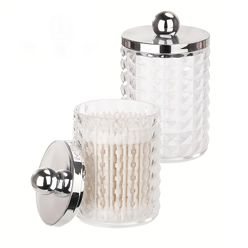 Diamond Pattern Qtip Holder Dispenser With Lids 10 Oz Acrylic Apothecary Jars Storage Box Plastic Bathroom Vanity Canister Organizer For Balls, Pads, Swabs, Floss