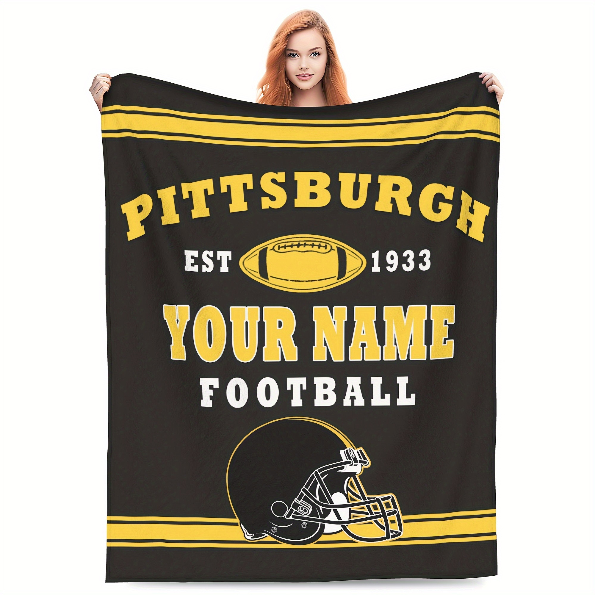 

Customizable Pittsburgh Football Throw Blanket, Personalized Name & Number, Polyester Rectangular Knit Blanket, Unpowered, Ideal For Fans, Travel, Home Decor, Sofa, Bed - 's Gift