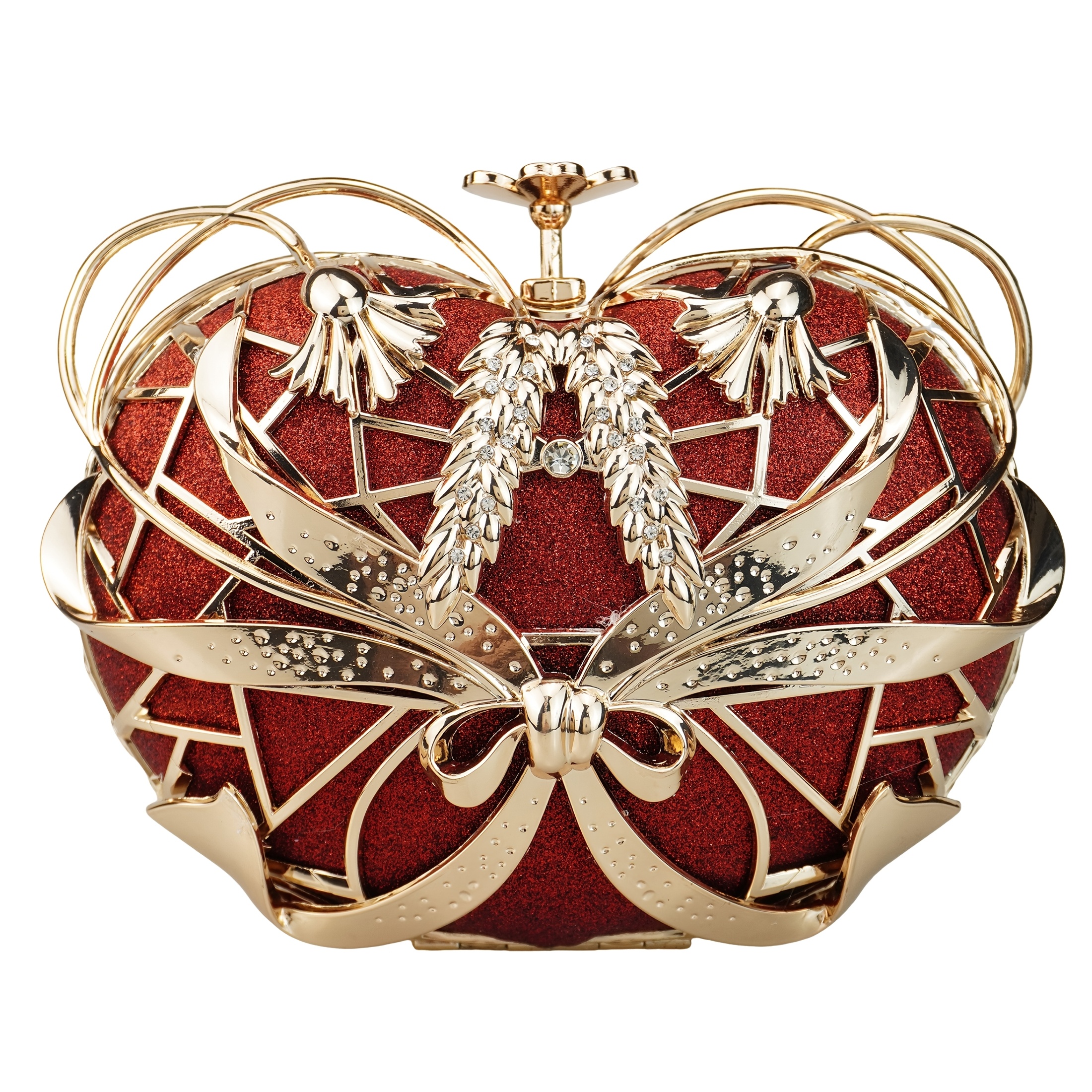Luxury Red Rhinestone Apple Clutch - Elegant Floral Design Metal Handbag with Golden-Tone Hardware, Sparkling Crystals & Polyester Lining, Perfect for Evening Events, Gifts, and Christmas