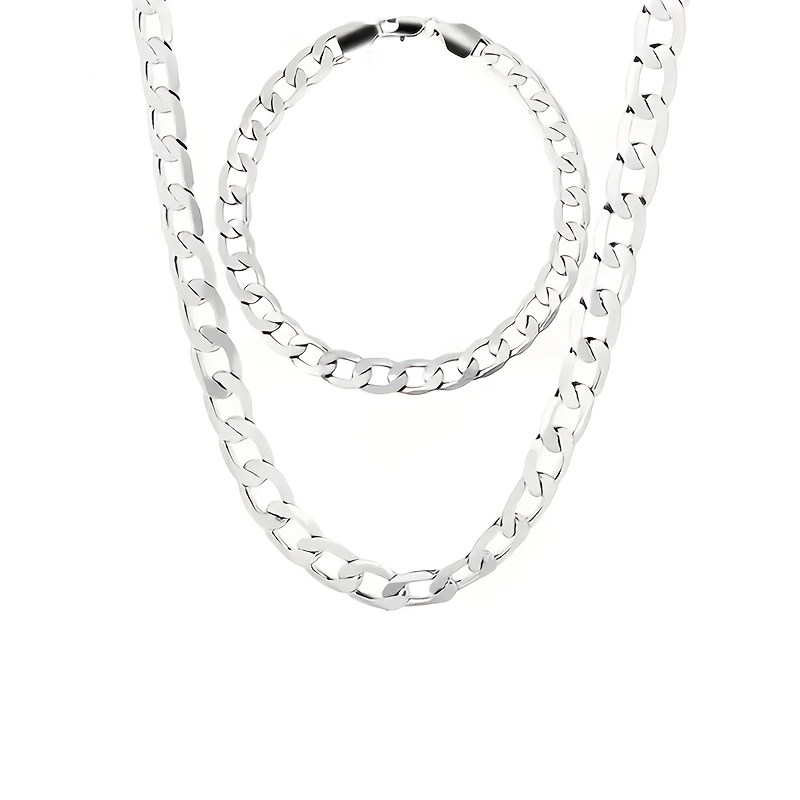 TEMU 8mm Sterling Silvery Cuban Chain Necklace And Bracelet Set - Amazing Unisex Jewelry Gift, Fashionable And Exquisite, Suitable For Daily Wear And