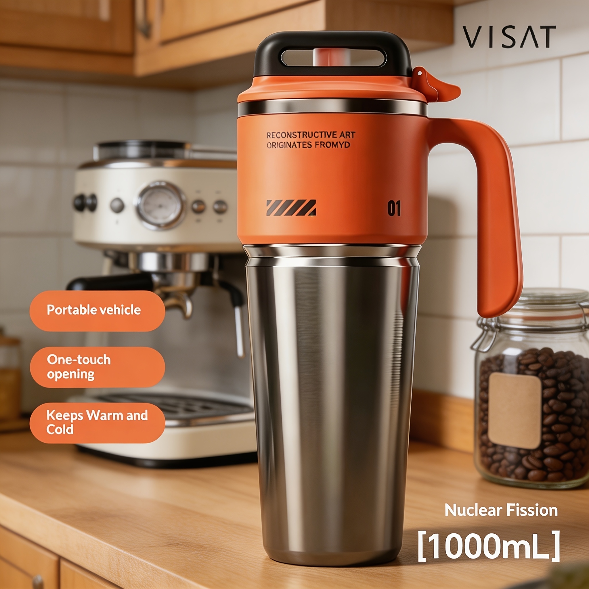 TEMU Large 1000ml Stainless Steel Vacuum Travel Mug With Handle, Insulated Leakproof Tumbler For Car, Office And Outdoor Use, 1 Click Open Lid Design