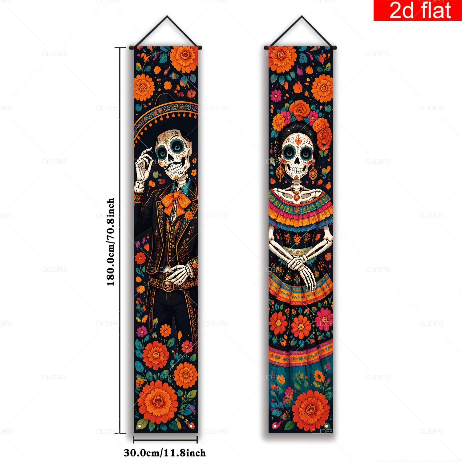 TEMU Banner 2D , 2D - 2D , 2D - Banner 2D , 2 piezas Día de Muertos Banner para Puerta Principal, Porche, Poliéster, Disfraces Étnicos Calavera ,