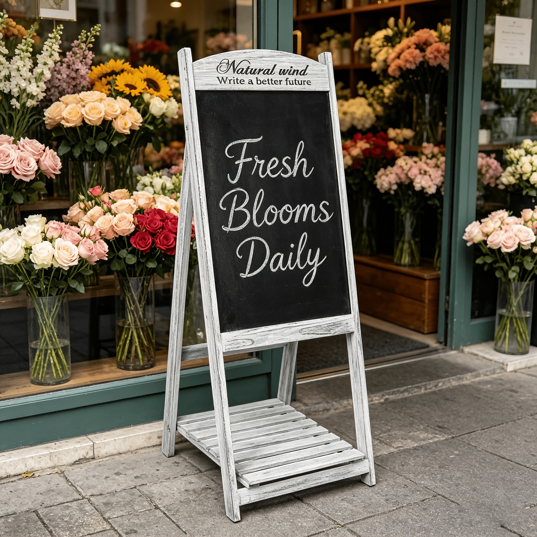 Image of Foldable Retro Chalkboard Board With Shelf - Wood Framed Floor Standing Pavement Sign Suitable For Menus, Cafes, Bars, Pubs, Weddings, Decor - Base For Products, Chalkboard For Daily Use