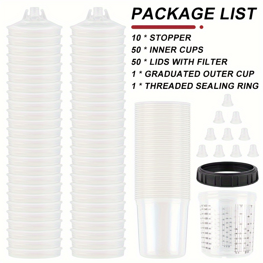TEMU 50pcs Disposable Wash-free Spray Gun Mixing Cup Set - Replaceable Spray With Scale Measurement, Including 50 Liners, 50 Filtered Caps, 10 Sealing Rings And 1 Plug For Mixing Of Paint