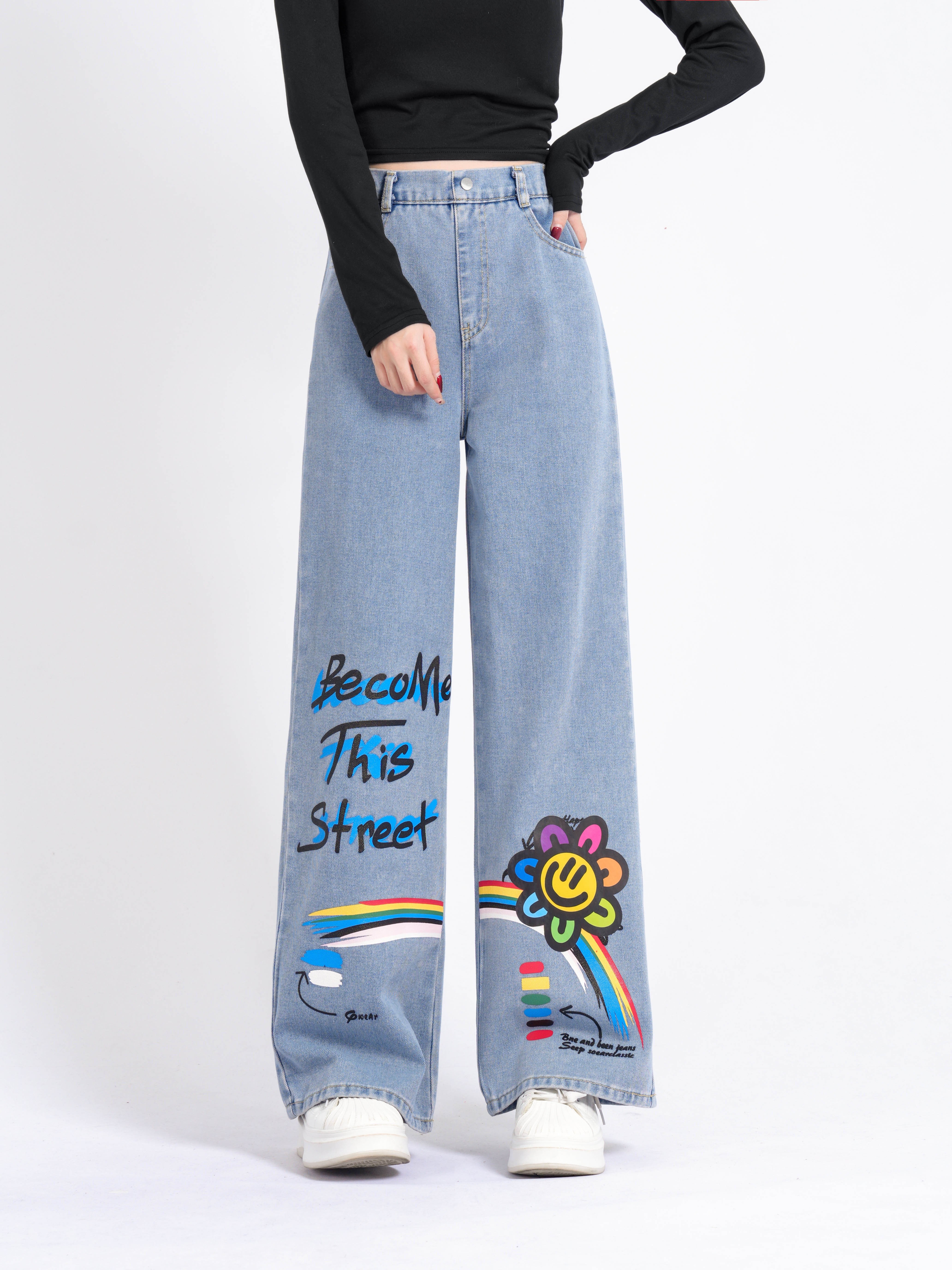 Rainbow Graffiti Design Girls Baggy Jeans Street Fashion - Temu