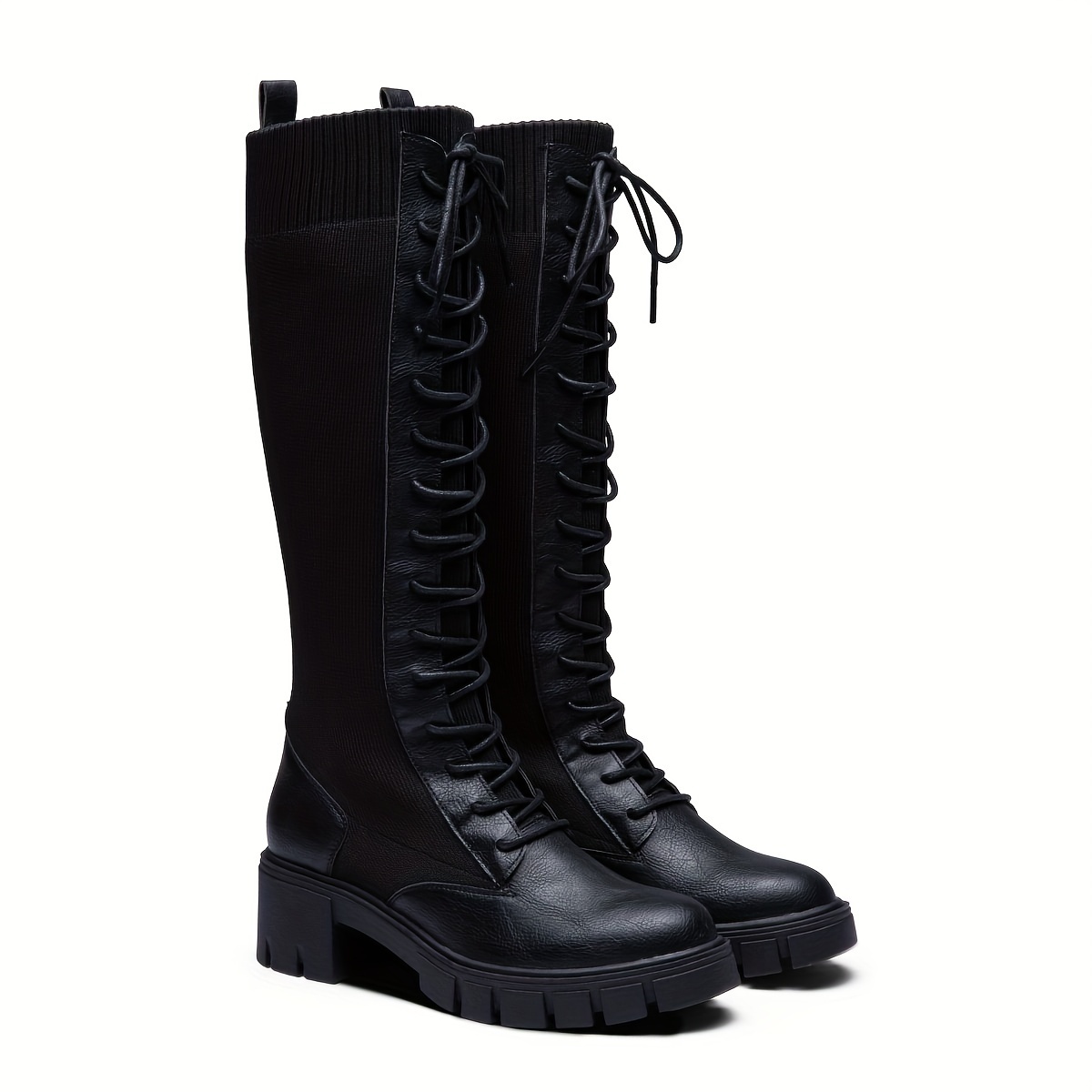 

Women's Lace Up Platform Combat Knee High Boots, Chunky Low Heeled Round Toe Knight Boots