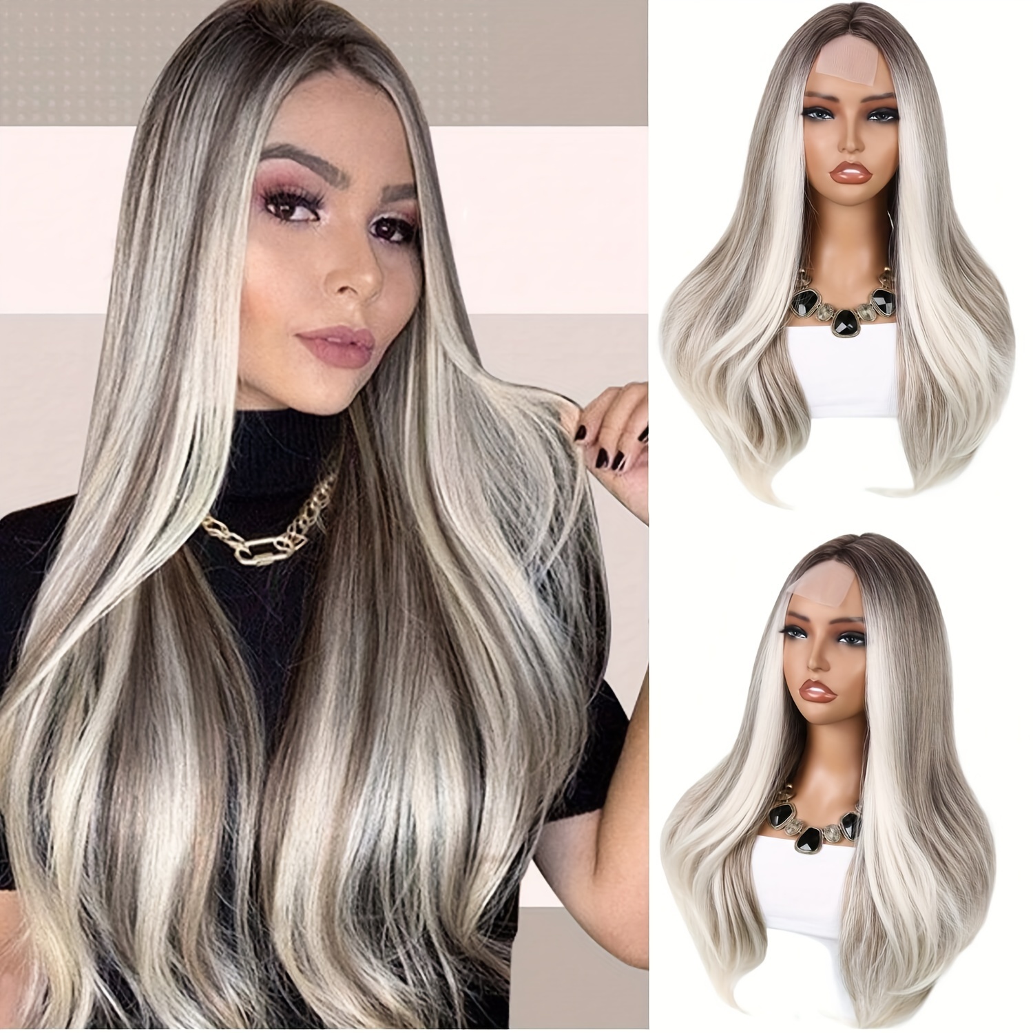 

4x1 Lace Front Ash Blonde Brown And Platinum Mixed Synthetic Wigs - Long Ombre Colored Highlight Wigs - 26inch Pre For Women - High Quality Heat Resistant Fiber Hair