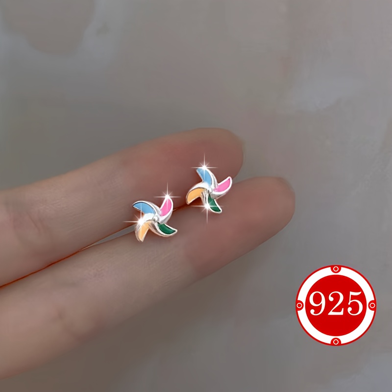 925 Sterling Silver Windmill Earrings Hypoallergenic Colorful Studs