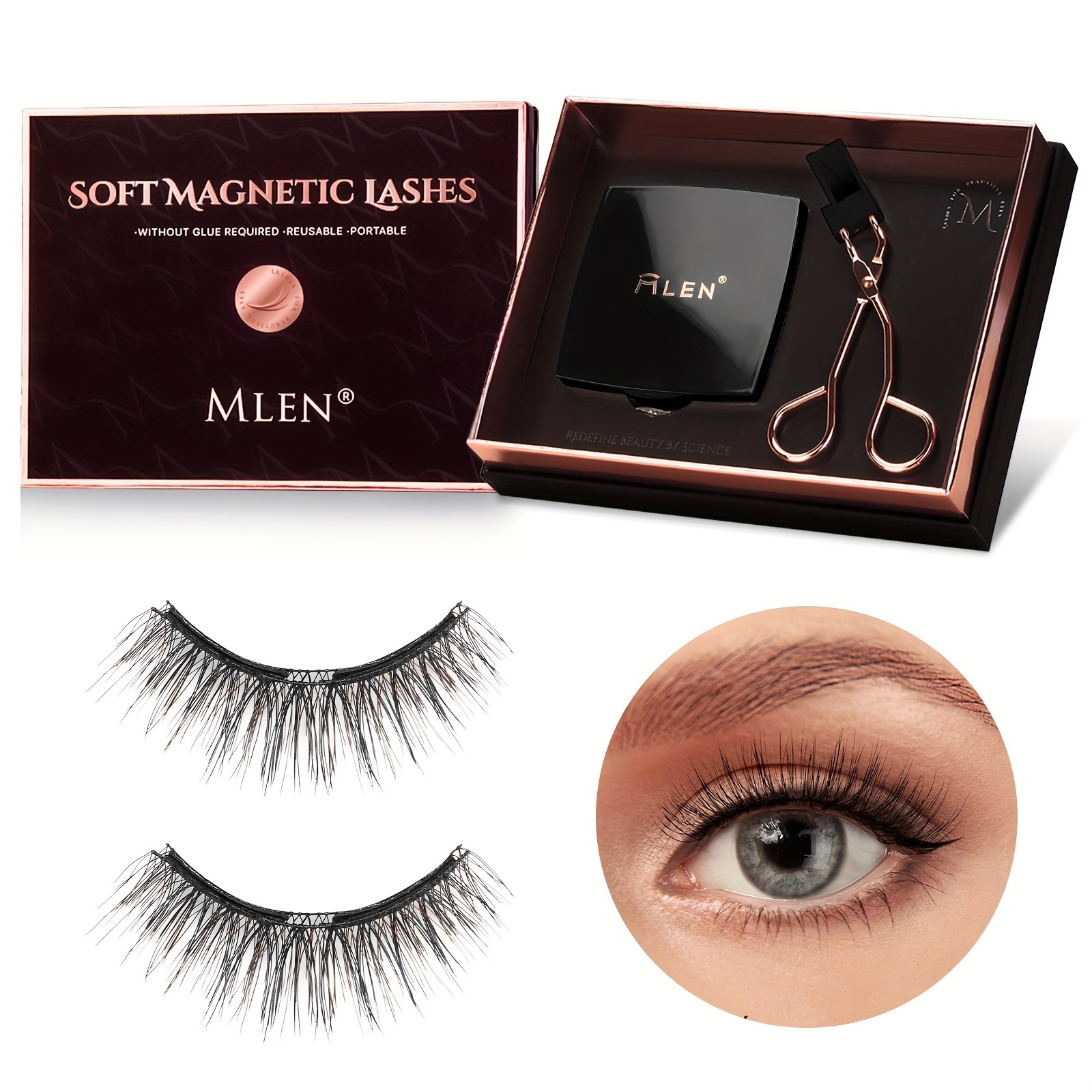 

Mlen Soft Magnetic Eyelashes Set, Reusable, Easy-to-apply With Magnetic Eyeliner, Natural Look, Glue-free Design, With Applicator Tool And Mirror, Portable Case