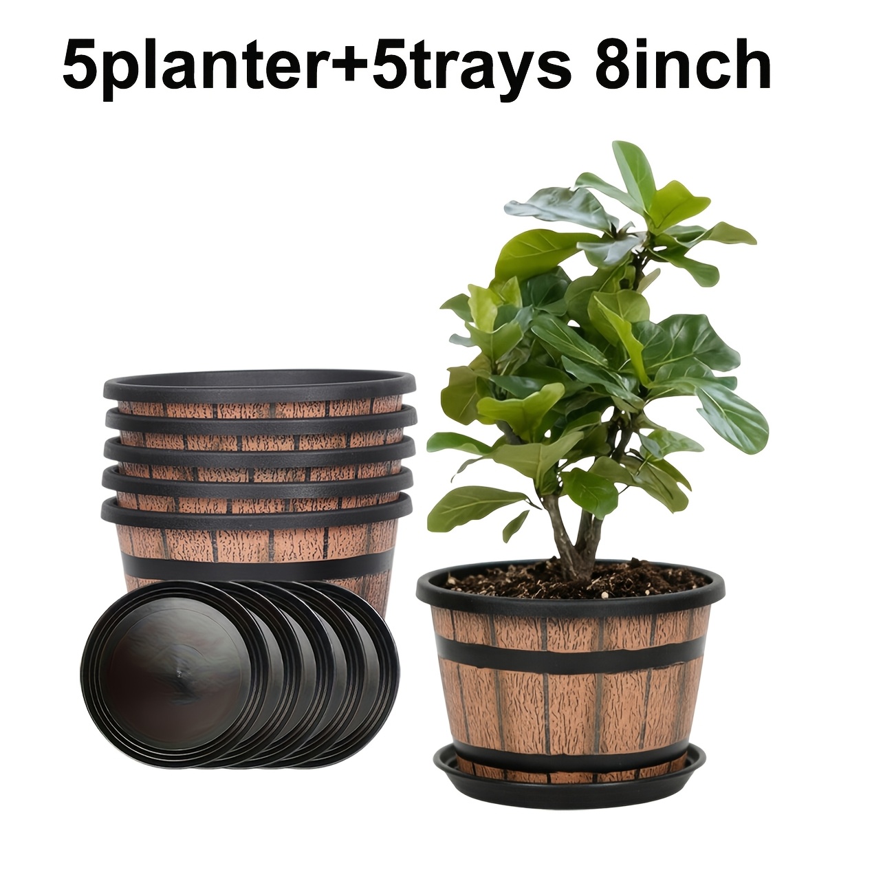 E-shop 10-teiliges 5er-Set: 5 Pflanzkübel + 5 Untersetzer, 8-Zoll Pflanzkübel-Set im Whiskeyfass-Stil mit Tabletts, geeignet für den Innen-
