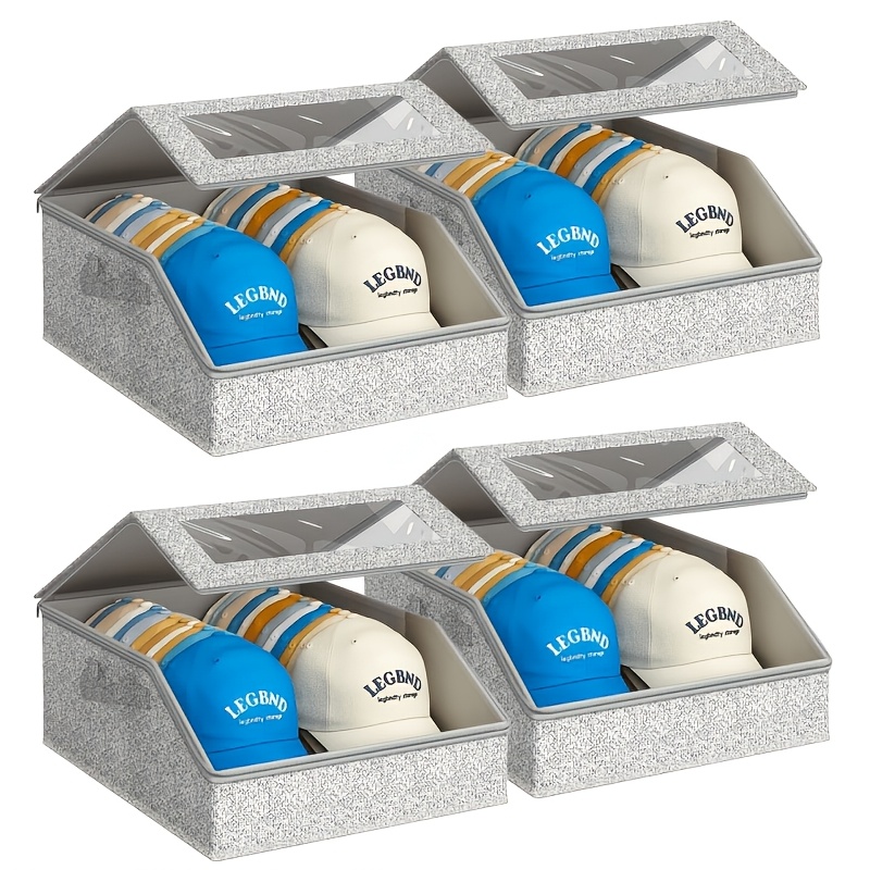 TEMU 4pcs Hat Storage Box. Extra For Large Hat Storage Organizer, Double-row Design For Large Capacity. Foldable And Stackable To . With Transparent