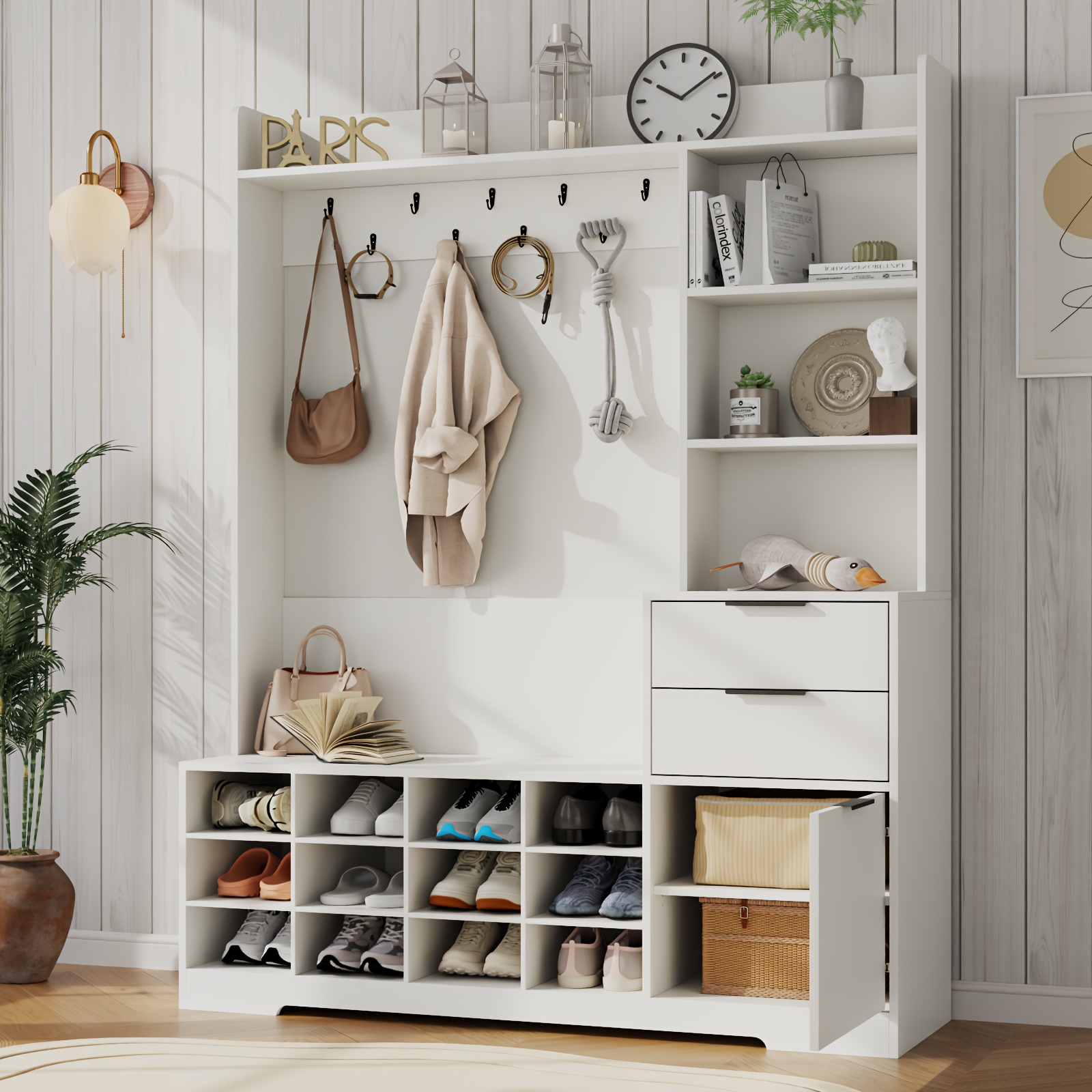 5-in-1 Farmhouse Hall Tree with Bench - Shoe Cabinet & Drawer
