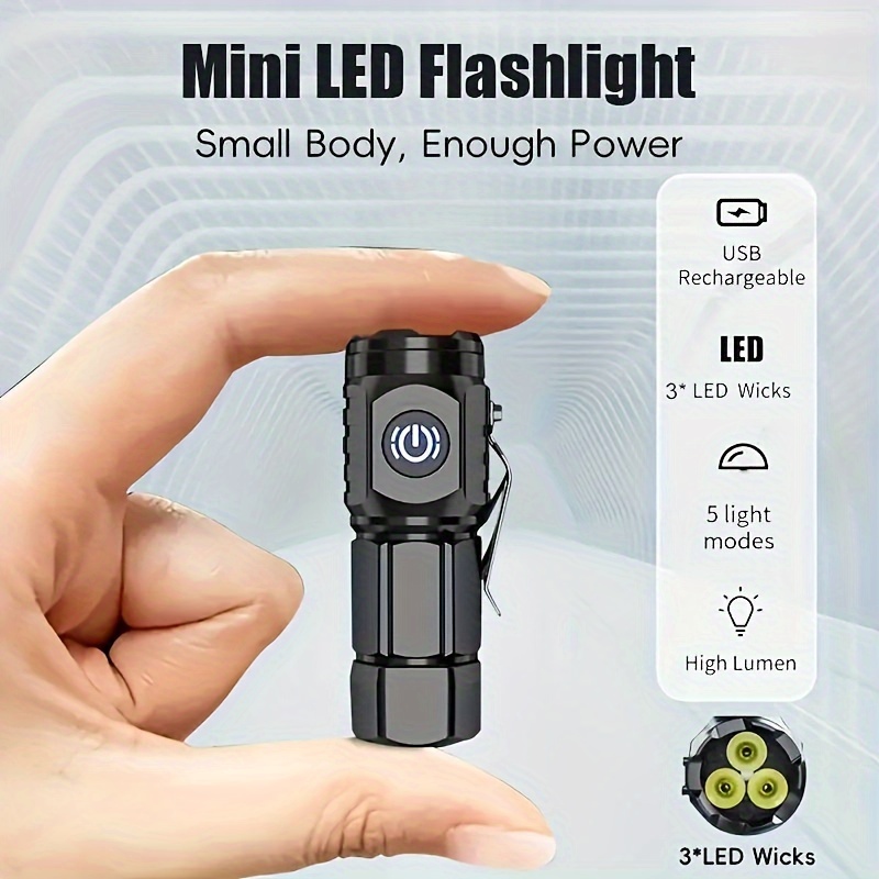 

Mini Led Usb Rechargeable Flashlight, Lens, 3 Led Wicks, 5 Light Modes, Abs Material, Compact And Portable, Suitable For Night Travel, Emergency Repairs, Outdoor Exploration, Etc.