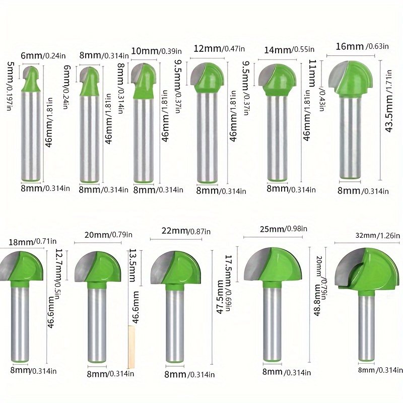 Image of A Set Of -bottom Knives With 8 Green Handles, Including Half-round Relief Knives, Round Head Carving Machine Bits, And Woodworking Milling Cutters