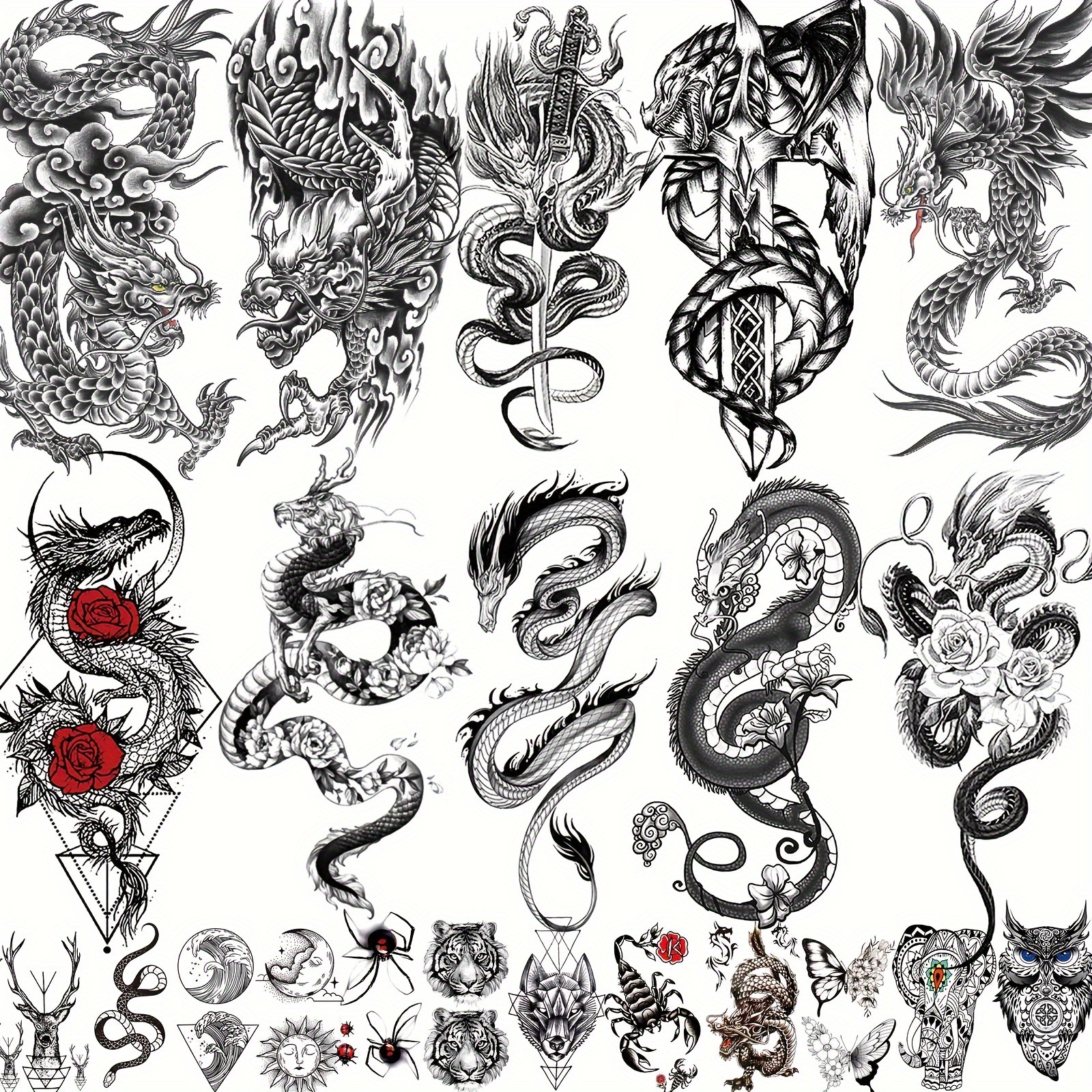 

22pcs Cool Dragon Temporary Tattoos - Realistic, Waterproof Fake Tattoo Stickers For & Legs, Long- Decals For