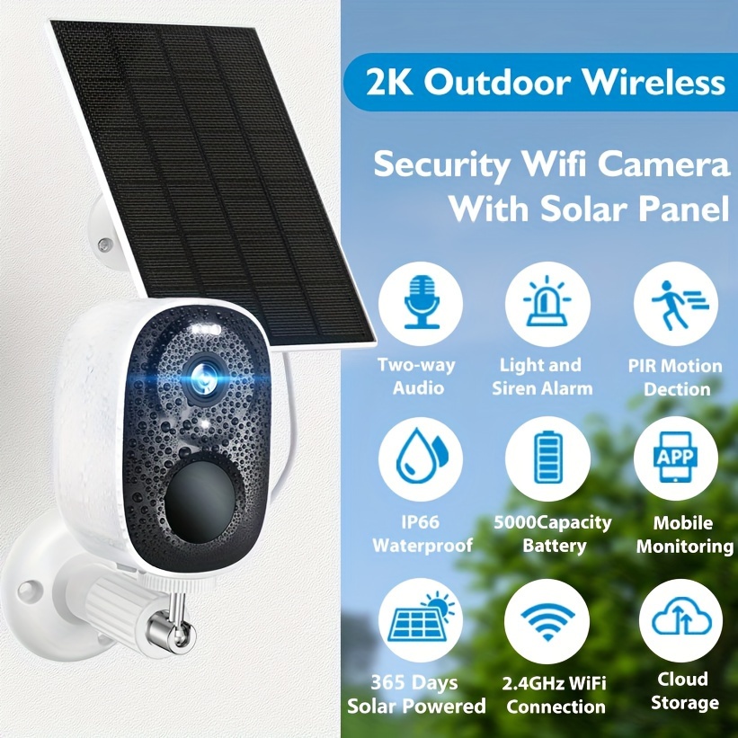 

Solar Powered Outdoor Wireless Security Camera, 2k 3mp Video , Battery Powered Cctv Camera For Home Security, /sd, No Monthly Fee, Detection, Spotlight, Ip66 Waterproof Color Night Vision, 2-way Audio