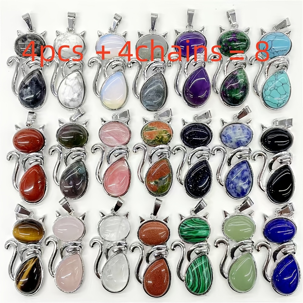 TEMU 8pcs Set (4pcs Random Colors Pendants And 4pcs Chains) Mixed Random Natural Stone Cute Kitten Pendant Beautiful Cute Kitten Is A Symbol Of Luck