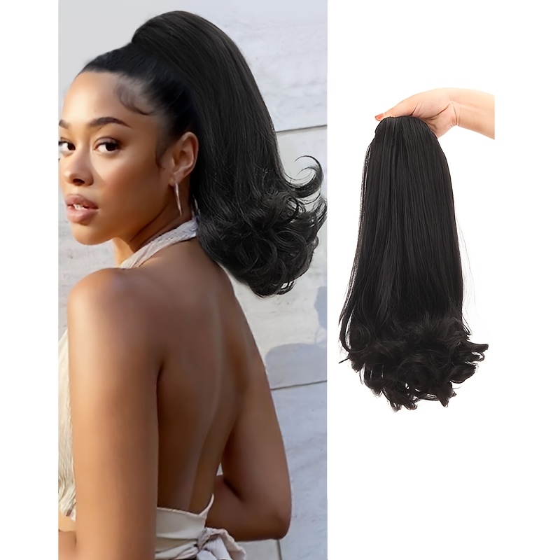 16   straight synthetic ponytail hair extensions with 2 plastic comb & drawstring - natural black loose curly style, easy to style, adds volume & length,   women s hair, versatile hairpiece,   hairpiece details 1