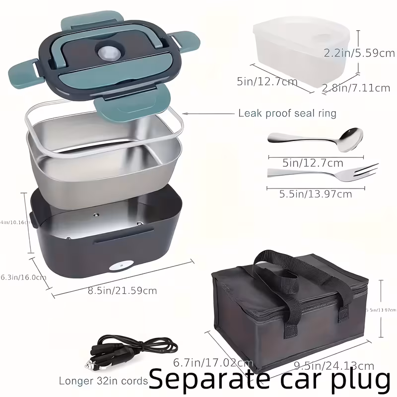 portable insulated heating student lunch box hot food waterless heating 50 72oz stainless steel container soup pot fruit box leak proof stainless steel container with car plug 12v 24v suitable for cars and trucks spoon details 1