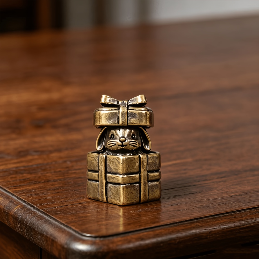 TEMU Brass Gift Box Rabbit Ornament, Dropped-ear Bunny Peeking Out From Gift Box, Gift Box With 3d Bow, Soft And Cute, Unique And Decoration,