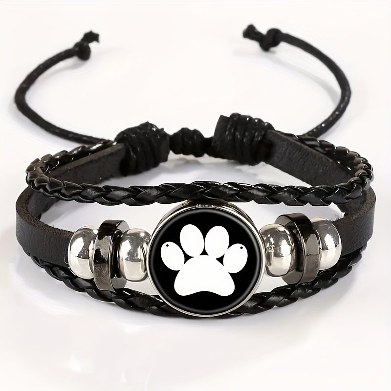 TEMU A Retro-style Bracelet That Adjusted, Featuring A Charm Pendant Of A Black And White Print - A Chic Black Faux Leather Wristband Perfect For