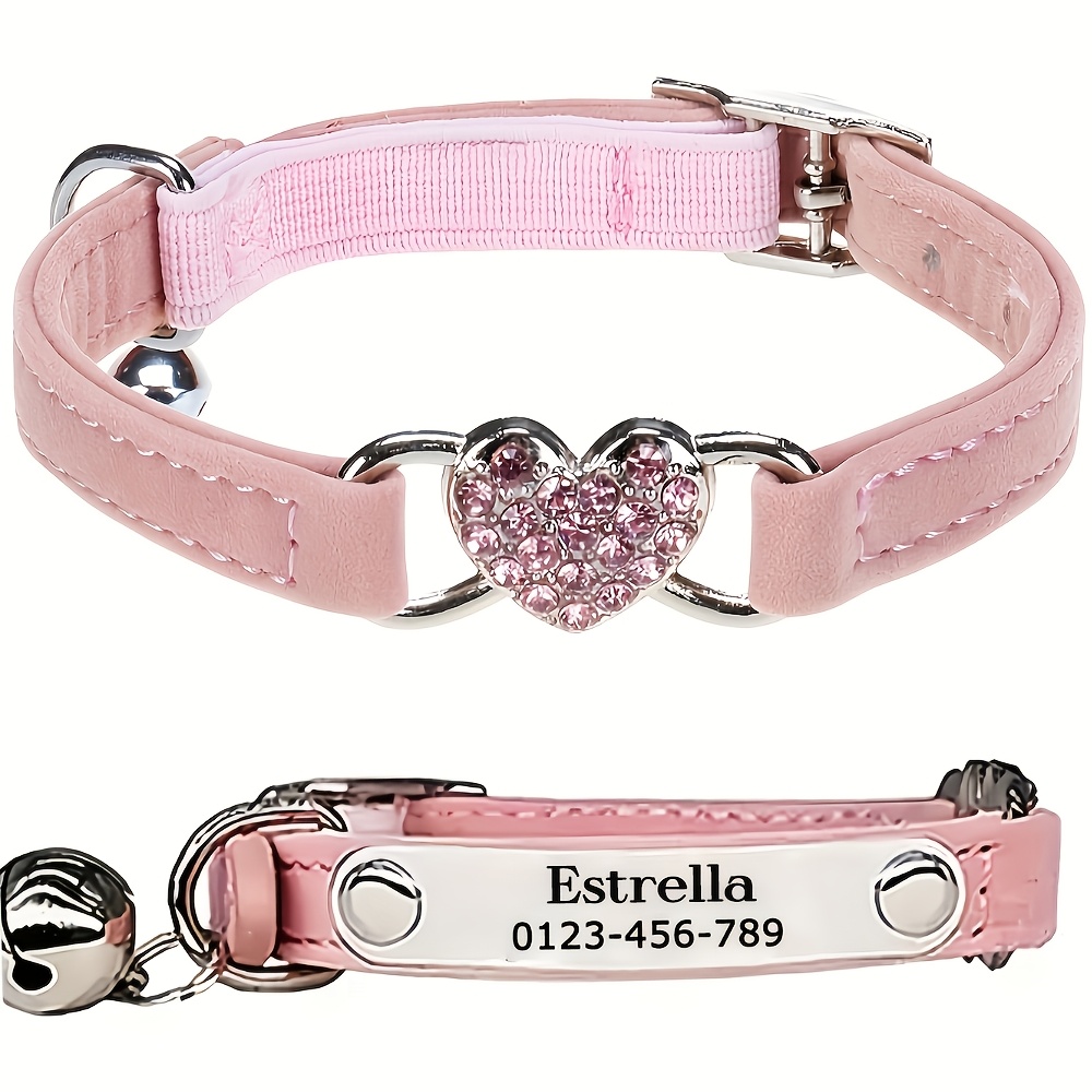 TEMU [custom] 1pc Faux Diamond Heart Pattern Adjustable Cat Collar - Breakaway Pet Necklace For Puppies, Personalized Name, Phone, Address Essential