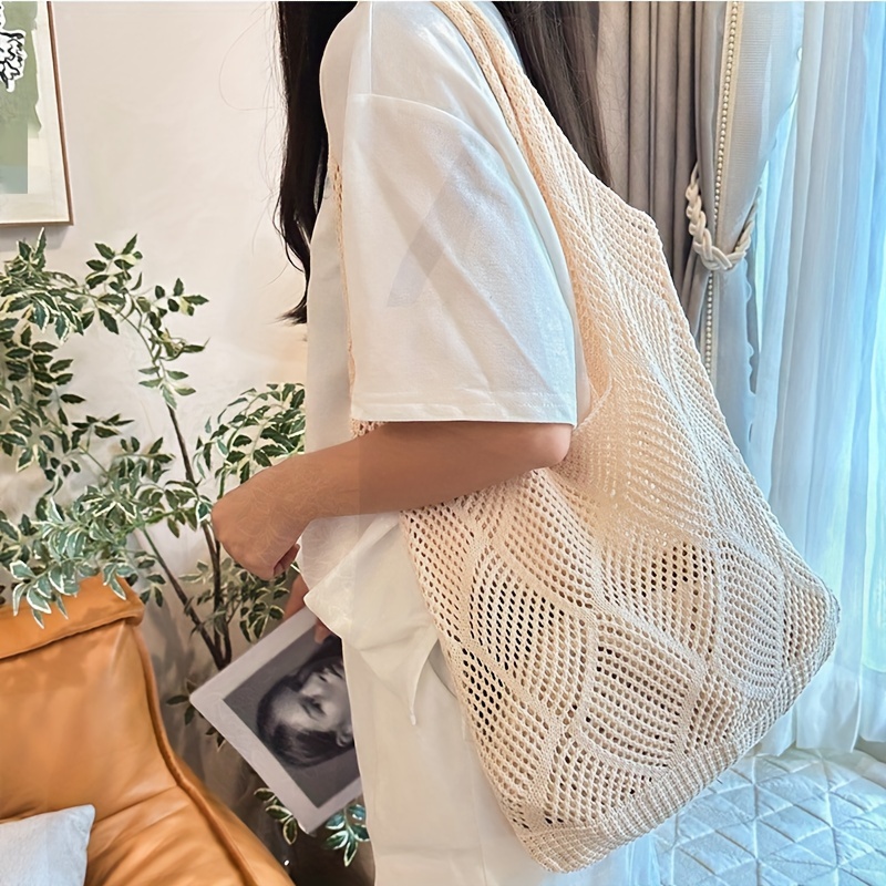 

Knitted Tote Bag For Women, Fashionable Solid Color Shoulder Bag, Y2k Hollow Out Crochet Bag For Travel Vacation Beach Shopping