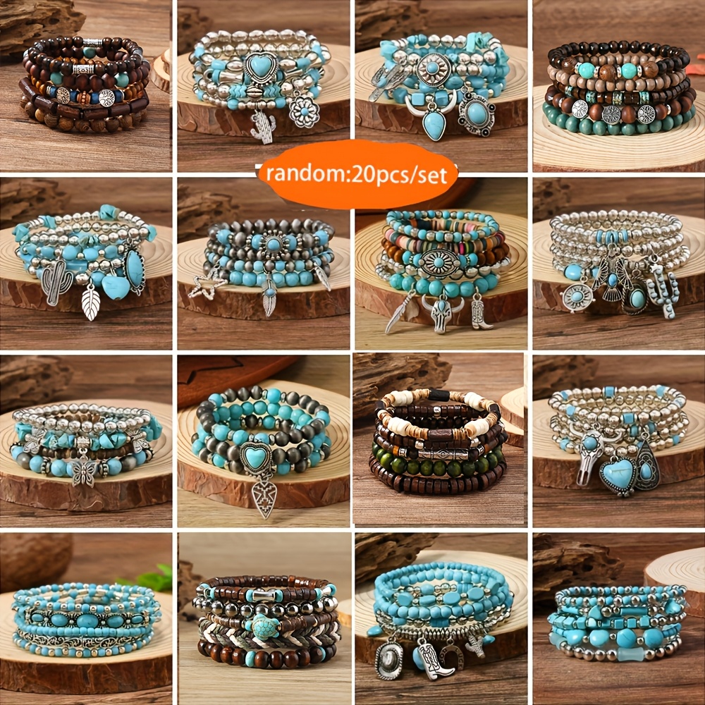 TEMU 10/20 Mixed Beads Random Bohemian Style Turquoise Set, Vintage Ethnic Style, Teenager's Gift, Anniversaries And Birthdays, Parties, And Evening
