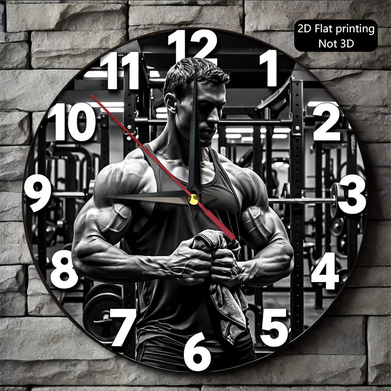 TEMU 1pc, 2d Flat Wall Clock, Muscular Man Gym Fitness Workout Bodybuilding, Suitable For Home Gym, , , Man Cave, Office Decor