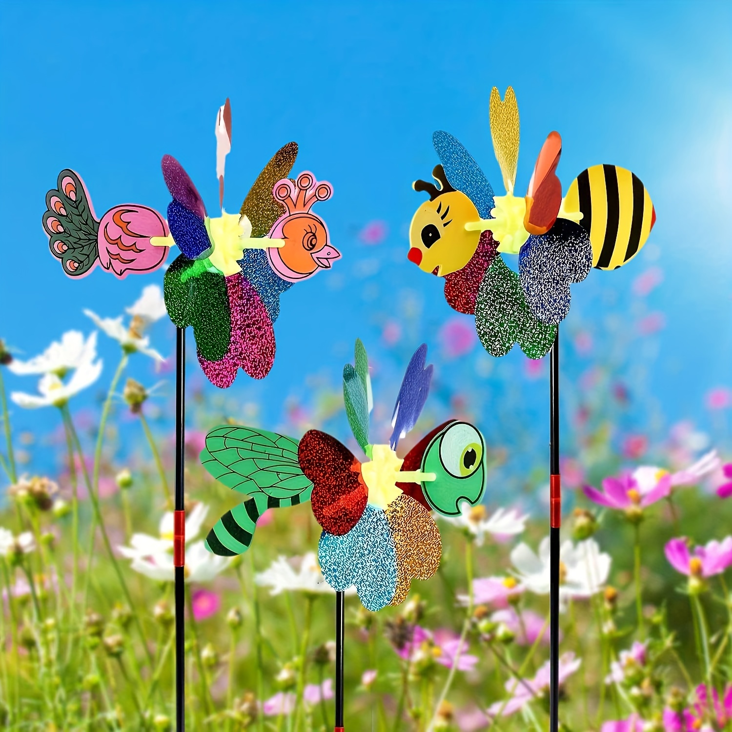 

1pc/2pcs Whimsical Glitter Garden Wind Spinners, Colorful Insect Designs With Bee, Dragonfly, Bird, 22-inch Height, Plastic Outdoor Yard Art Decorations
