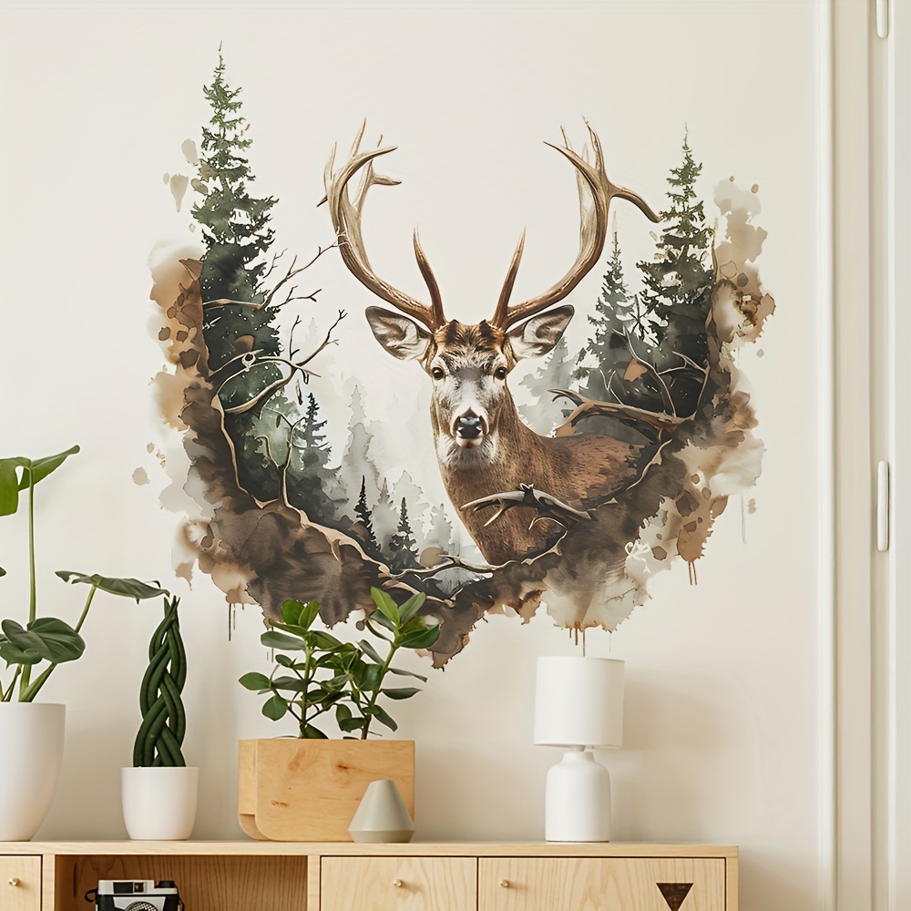 

Forest Deer Wall Decal - Dreamy Watercolor Woodland Pathway Home Decor - Self-adhesive Plastic Wall Sticker For Bedroom, Hallway, Dorm - Universal Holiday Seasonal Decor