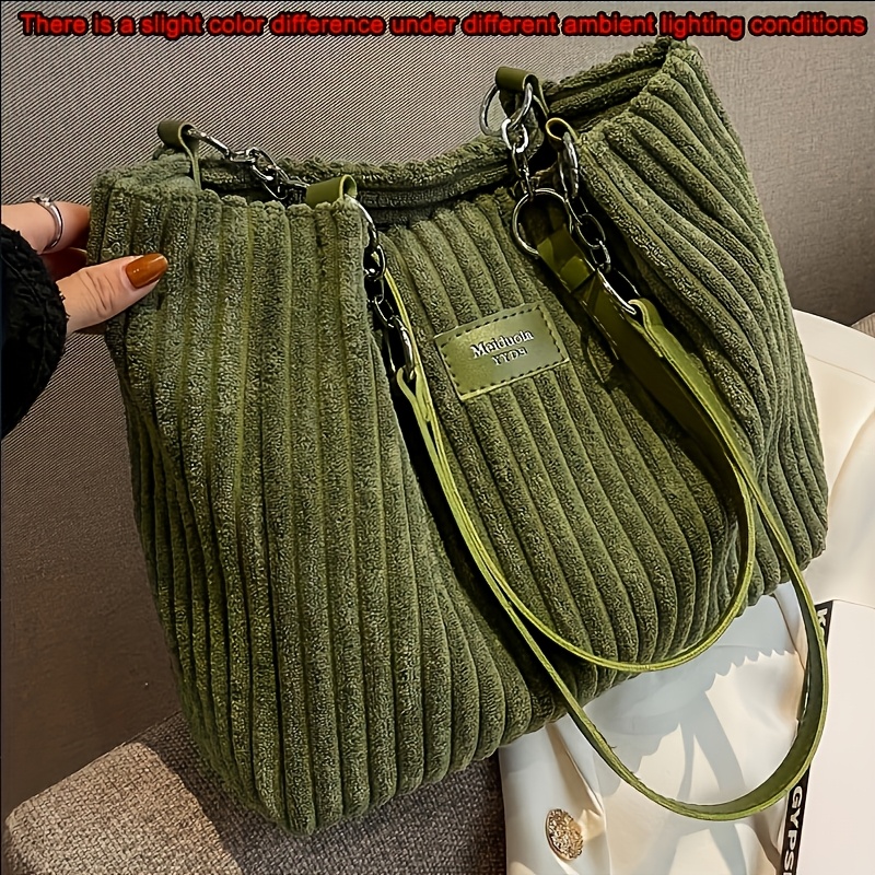 TEMU Special Corduroy Women'-trimmed Single-shoulder Bag, Casual Large-capacity Tote Bag, Daily Commute Handbag, Carryall For Work, School, Shopping,