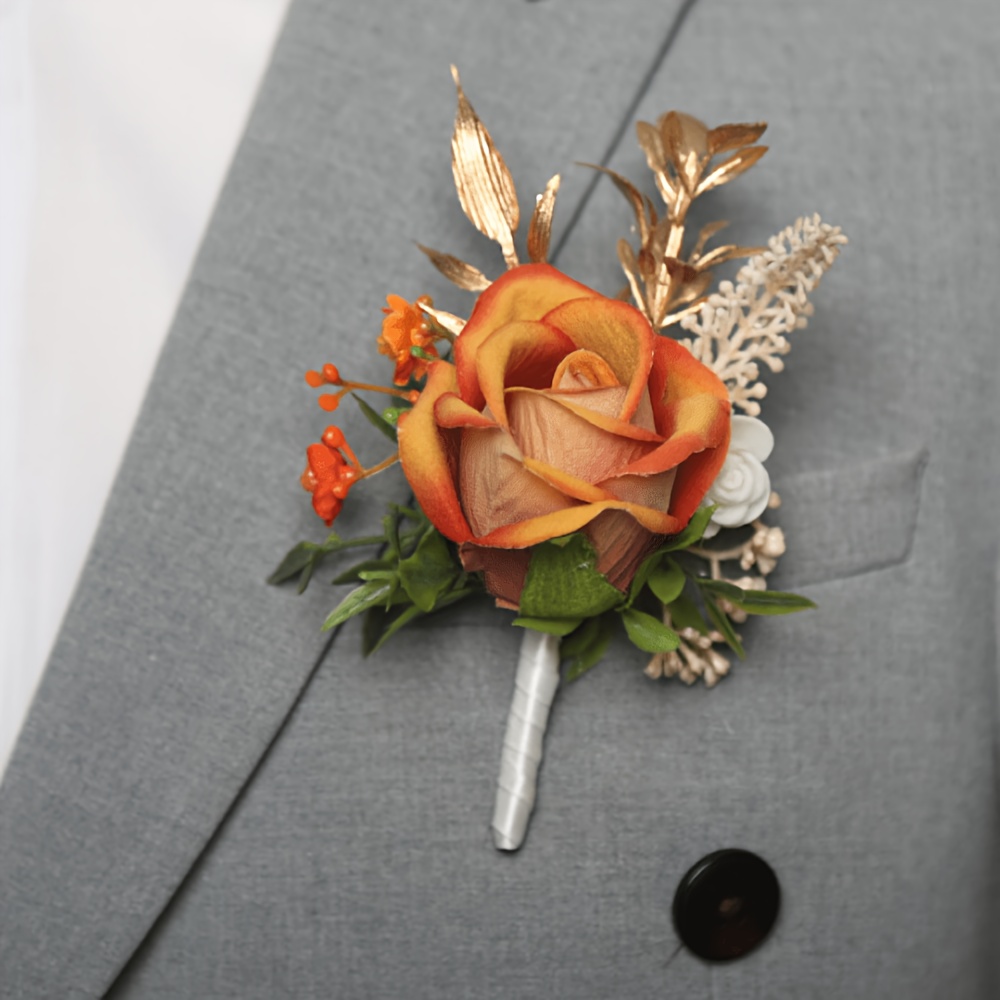 TEMU Ensemble boutonnière et bracelet de mariage à fleurs artificielles avec rose à dégradé orange et
