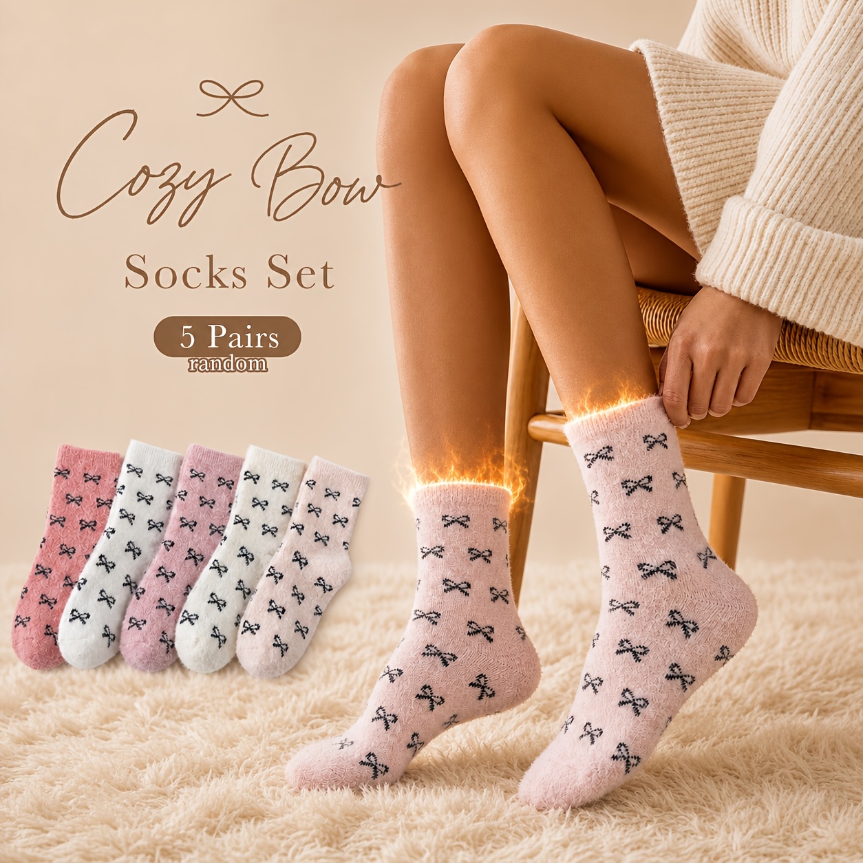 TEMU 5-pair Women's Plush Mid-calf Socks, Random Styles, Cute , Comfortable, Warm, And Non-slip Floor Socks, Autumn/winter Style, Suitable For Indoor
